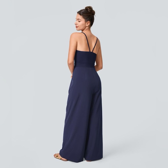 Halara Jumpsuit Womens Large Blue Breezeful Backless Side Zip Wide Leg Resort - Picture 2 of 15